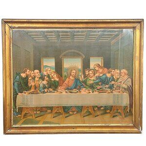 Vintage Last Supper Lithograph Print Wood Frame Glass 22.5"x18.5"